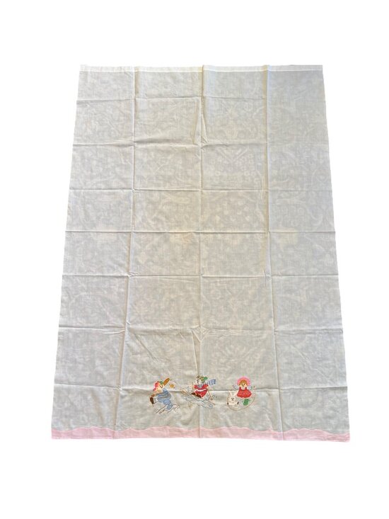 Other - Vintage Embroidered Baby Crib Flat Sheet Jump Rope Skiing Baseball White Pink